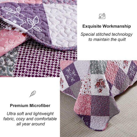 New Purple Floral Patchwork 3-Piece Bedding Quilt Set • KING Size - Picture 5 of 6